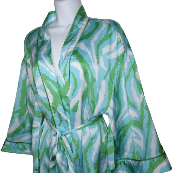 Diane Von Furstenberg Womens Long Robe L Green Blue Zebra Disco Recycled Poly - Picture 3 of 11